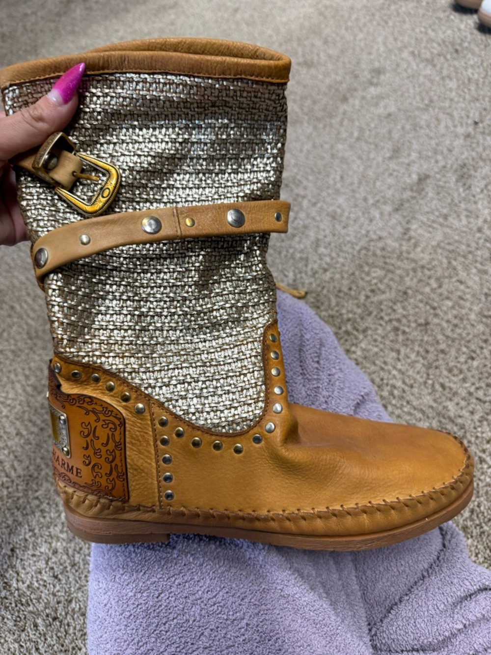 KARMA of CHARME Tan Leather & Metallic Woven Mid-Calf Lace-Up Boots - Picture 2 of 5